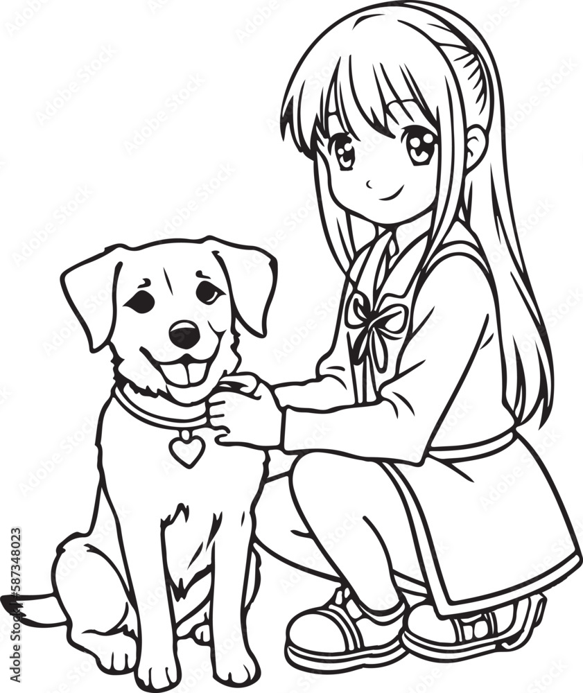 Anime girl play with dog, vector coloring for children.