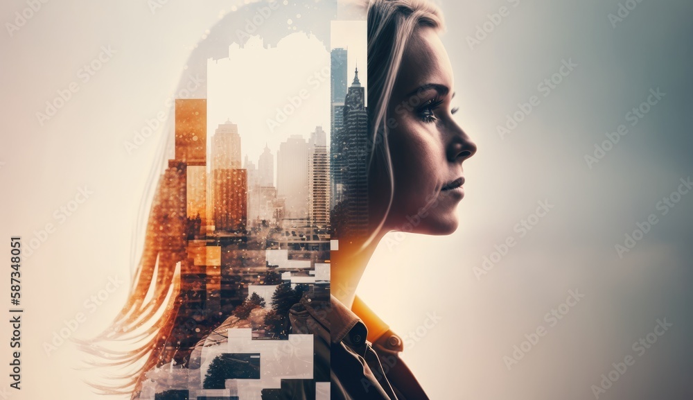 Business woman double exposure effect with city buildings