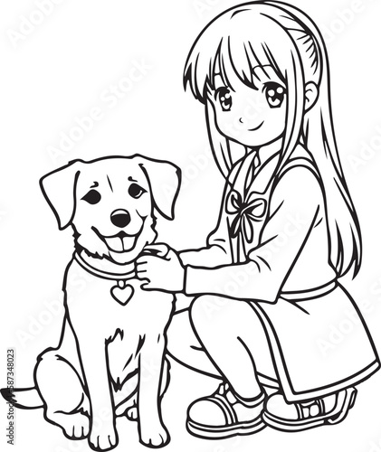 Obraz na płótnie Anime girl play with dog, vector coloring for children. w salonie