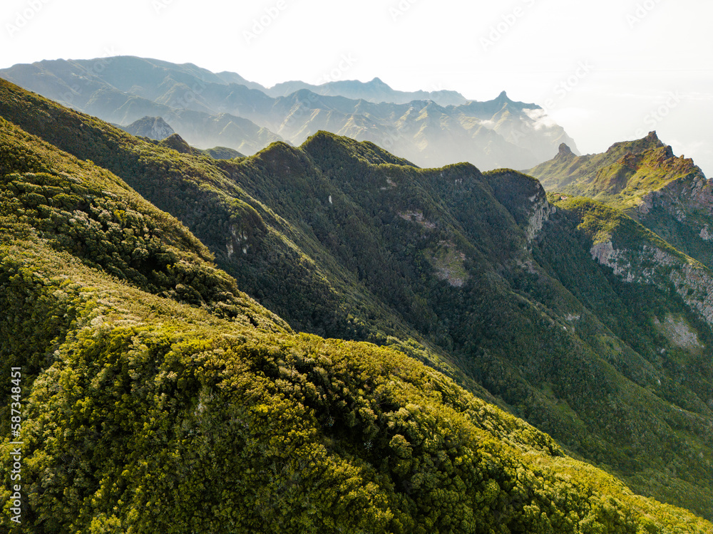 Fototapeta premium Aerial View of Beautiful Mountains of the Anaga Rural Park in Tenerife, Canary Islands, Spain. 