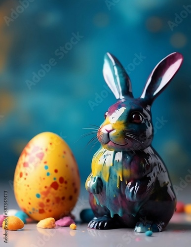 A playful scene of bunnies and colorful Easter eggs created with Generative AI technology 