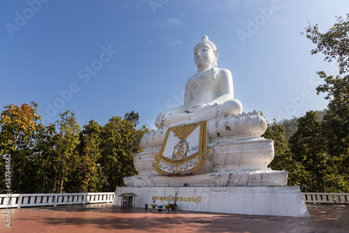Wat Phra That Mae Yen, or Big White Buddha is huge white Buddha stands on a hill with 353 steps, in Pai, Thailand. Thai words translated as Lord Buddha in English language.