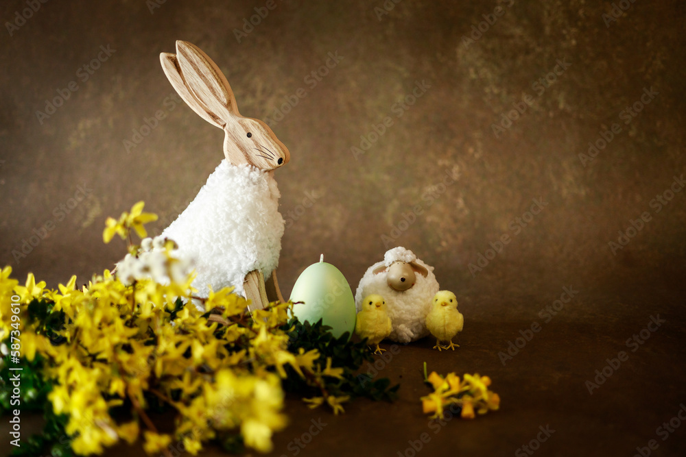 Zająć, baranek, kurczaczki i kwiaty Wielkanoc - obrazy, fototapety, plakaty 