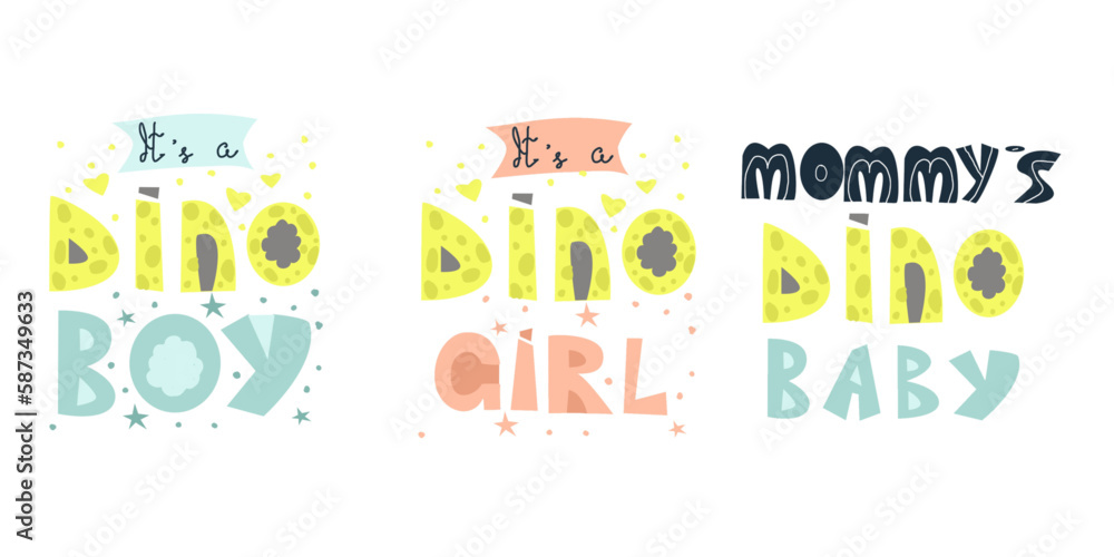 set of vector cards for baby shower party, hand lettering in doodle style. Dino quotes and phrases for newborn babies. Vector illustration