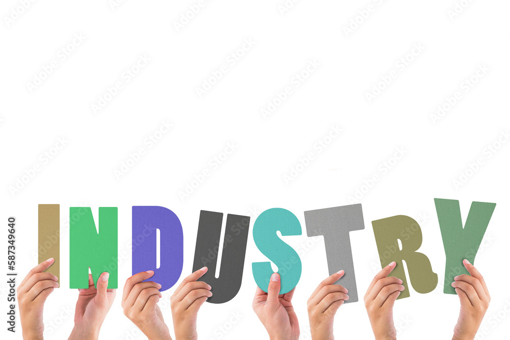 Colorful alphabet spelling industry held up by people Colorful alphabet spelling industry held up by people