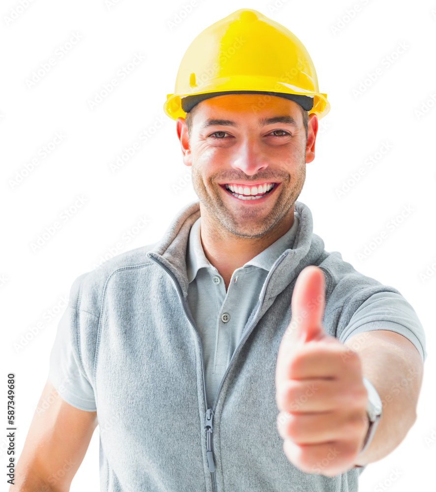 Portrait of smiling repairman showing thumbs up