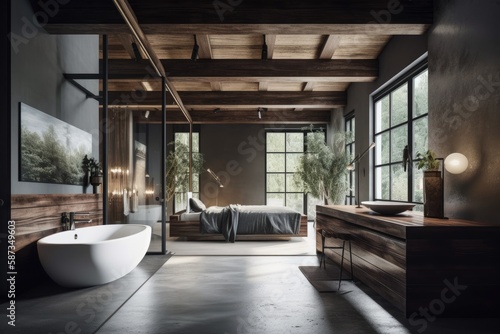 Modern, artistic bedroom made of dark wood and includes a bathtub, parquet flooring, and a concrete floor. mirror, shower, free standing bathtub, and roof beams. Idea for a spa suite's interior design © AkuAku