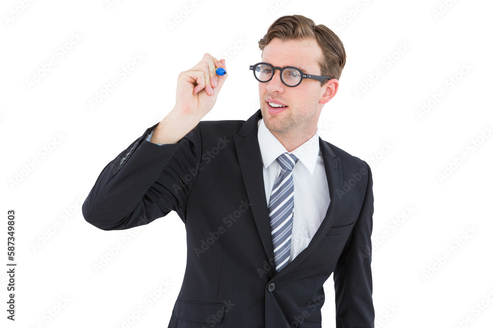 Geeky businessman writing with marker Geeky businessman writing with marker