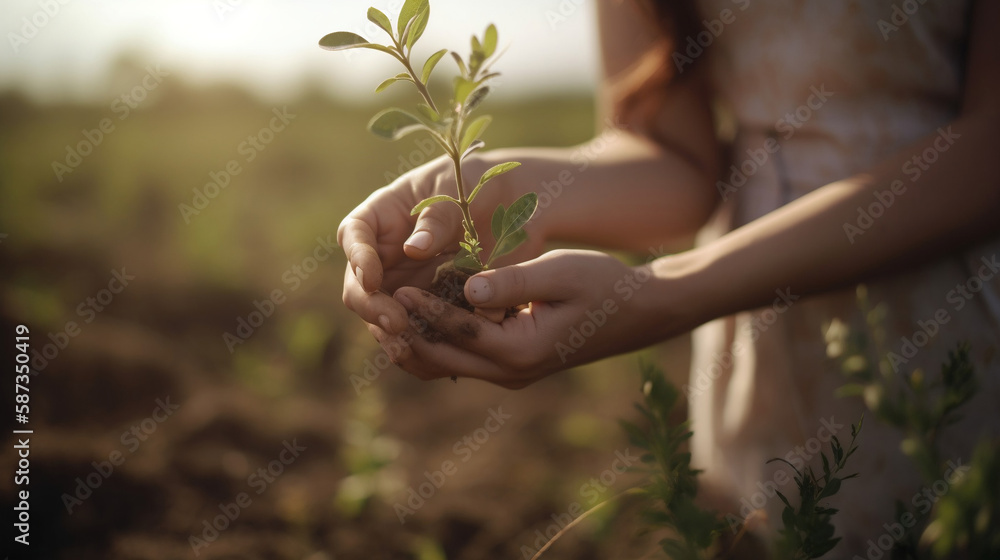 Fototapeta premium person holding a small plant in their hands. Generative AI.