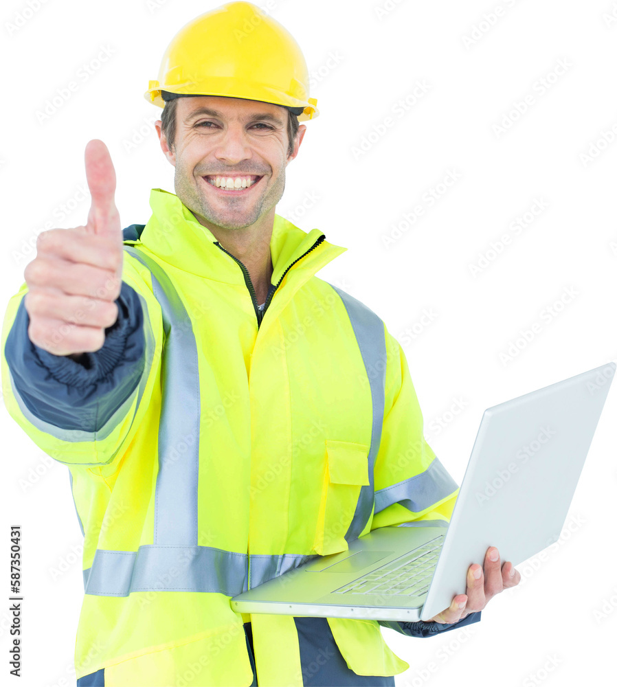 Architect in reflective clothing with laptop gesturing thumbs up Architect in reflective clothing with laptop gesturing thumbs up