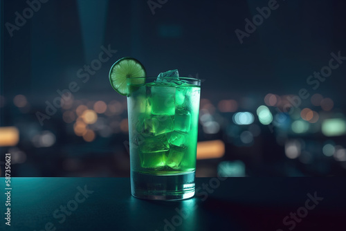Green fruit cocktail with blurry city background. Generative AI.