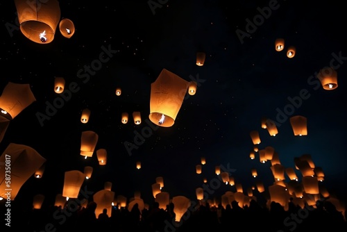 Sky Lanterns on the Night Sky created with Generative AI technology 