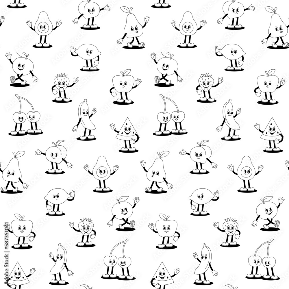 Obraz premium Vector seamless pattern with cartoon retro mascot monochrome illustration of walking fruits and berries on a white background. Vintage style 30s, 40s, 50s old animation.