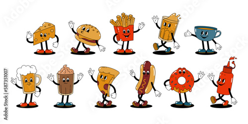 Vector set with cartoon retro mascots colored illustrations of walking street food. Vintage style 30s, 40s, 50s old animation. Stickers isolated on white background.
