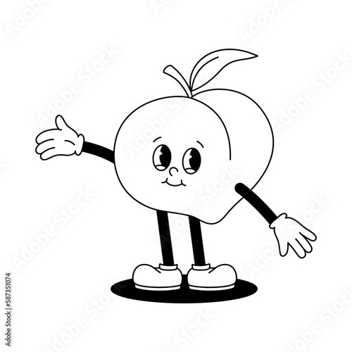 Vector cartoon retro mascot monochrome illustration of walking peach. Vintage style 30s, 40s, 50s old animation. The clipart is isolated on a white background.