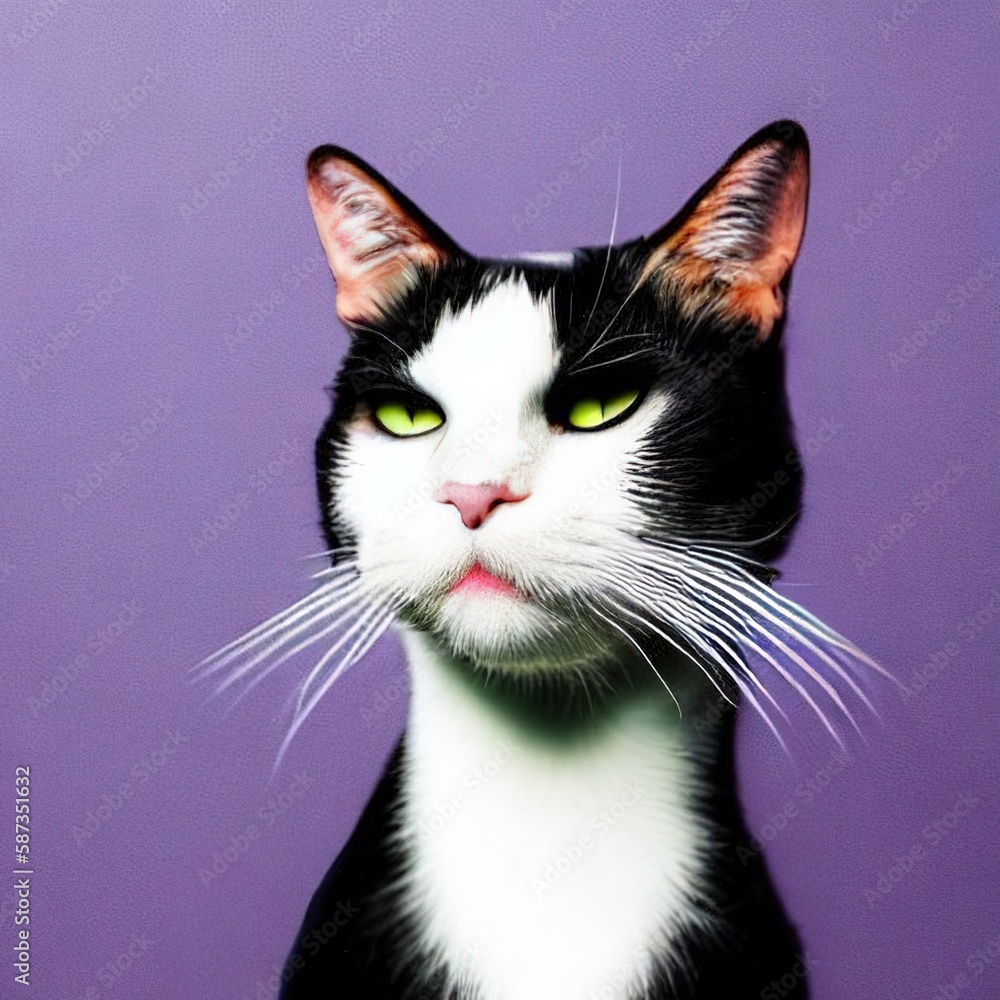black and white cat on purple background. Generative AI black and white cat on purple background. Generative AI