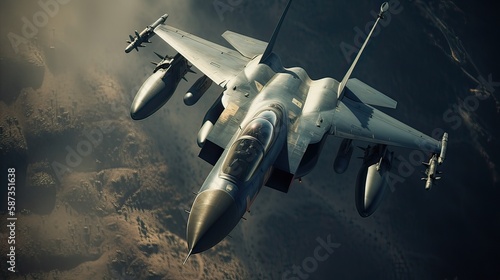 the aerial high view of a Fighting jet. top view fighting jet in a very close view. Generative Ai.