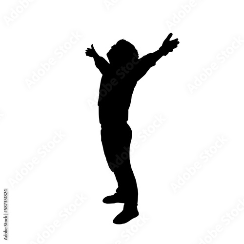 Happy man with hands stretched. Silhouette of happy man raise hand illustration. Success and serenity concept, young man standing. Happy man, successful lad with arms up.