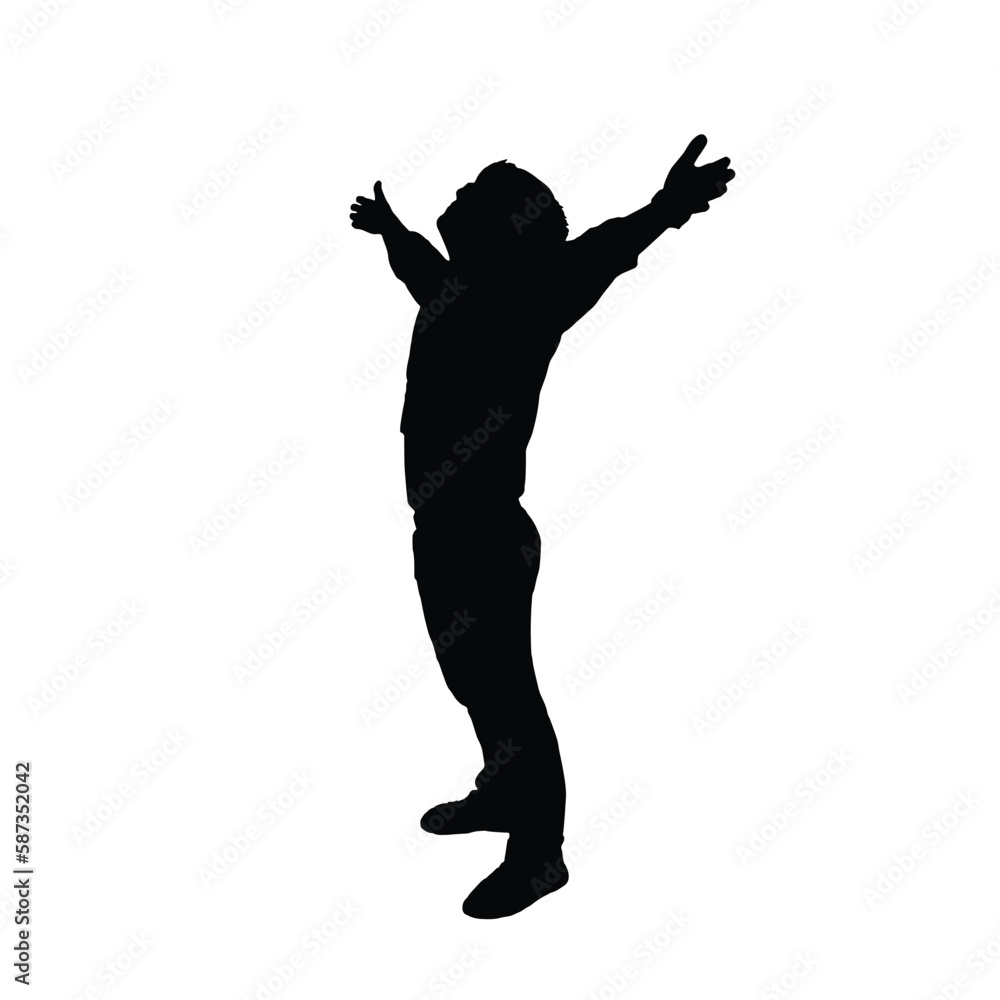 Happy man with hands stretched. Silhouette of happy man raise hand vector. Success and serenity concept, young man standing. Happy man, successful lad with arms up. Happy man with hands stretched. Silhouette of happy man raise hand vector. Success and serenity concept, young man standing. Happy man, successful lad with arms up.