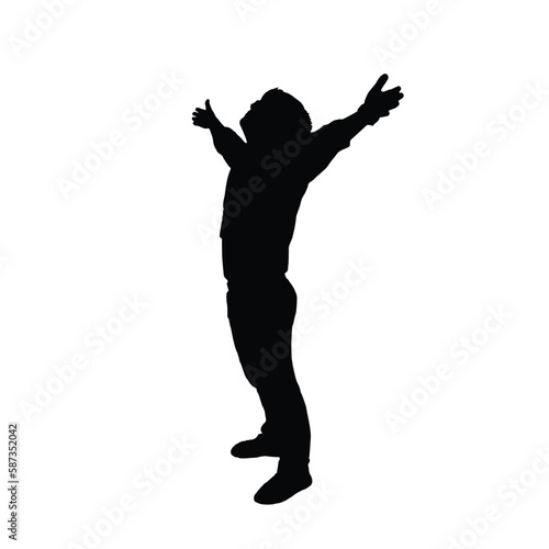 Happy man with hands stretched. Silhouette of happy man raise hand vector. Success and serenity concept  young man standing. Happy man  successful lad with arms up.