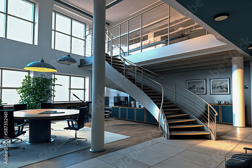 A modern office interior with new furniture and a staircase to the upper level - Generative AI © jovannig