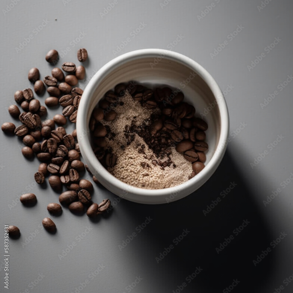 This top-down, close-up shot of a smooth and matte coffee mug showcases the earth-toned coffee and beans under soft diffused morning light in a modern studio, Created with generative Ai Technolog This top-down, close-up shot of a smooth and matte coffee mug showcases the earth-toned coffee and beans under soft diffused morning light in a modern studio, Created with generative Ai Technolog