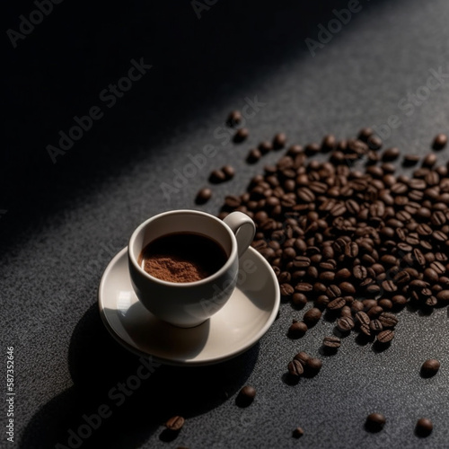 This top-down, close-up shot of a smooth and matte coffee mug showcases the earth-toned coffee and beans under soft diffused morning light in a modern studio, Created with generative Ai Technolog