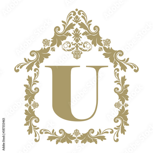 house like ornamental emblem, letter u