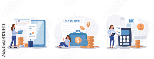 Declaration programs, easy reporting, tax website. Desktop tax filing software, mobile app tax filing software, filing online service metaphors. Vector isolated concept metaphor collection of scenes.  © makyzz