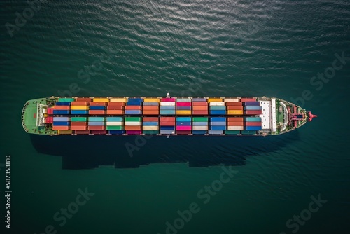 Container ships transporting large cargo to import and export goods internationally around the world, including Asia Pacific and Europe, sea Mediterranean Aerial view with drone camera. Generative Ai