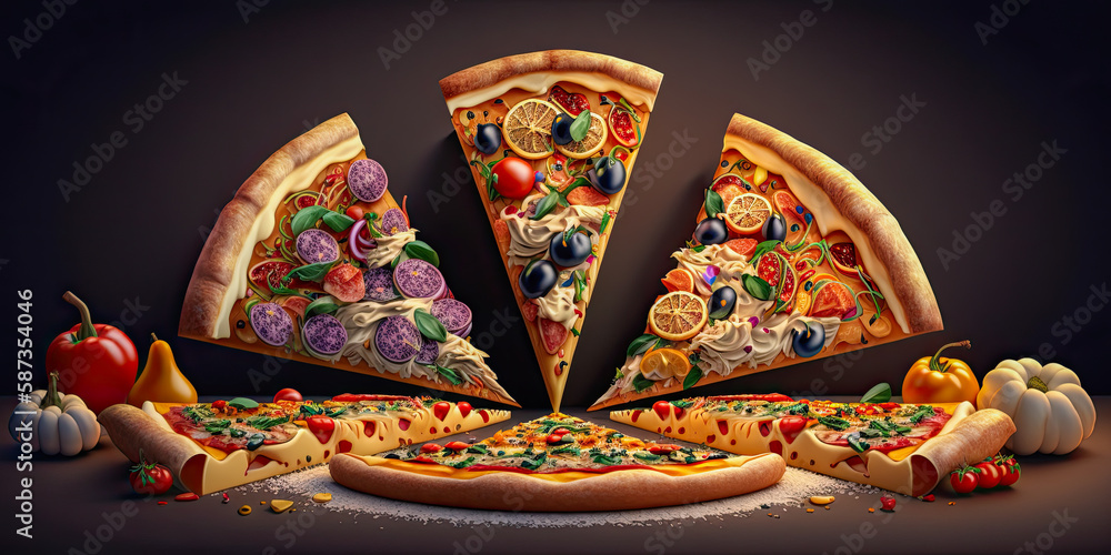 Overhead view oa a pizza on dark background - Generative AI