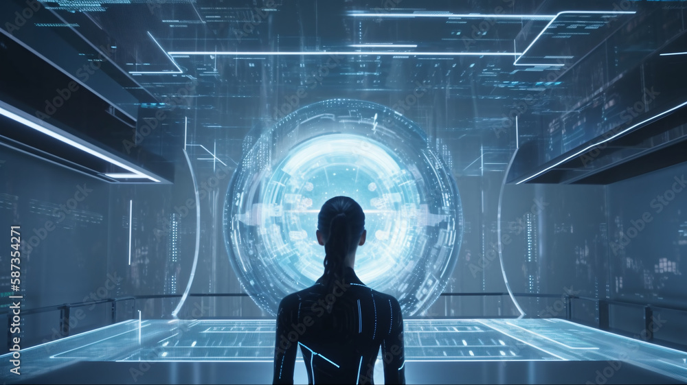 Futuristic portal and hologram in epic sci-fi movie still with Tron ...