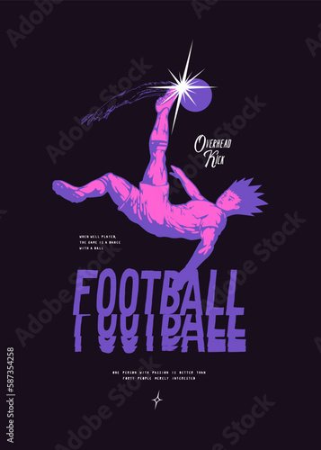 Anime football. Athletic japanese cartoon style soccer player kicking overhead vintage typography silkscreen t-shirt print. photo