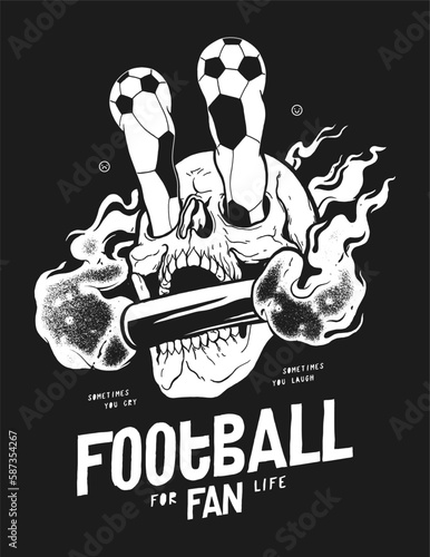 Football fan skull. Soccer balls popping out as the eyes in the skull folding football fan fire. Football vintage typography silkscreen t-shirt print vector illustration.