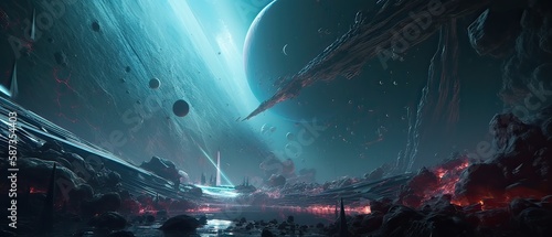 Fototapeta Naklejka Na Ścianę i Meble -  Astronauts with spaceship exploring an asteroid in space 3D. Generative Ai.