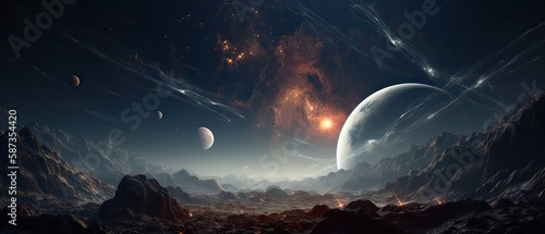 Fototapeta Naklejka Na Ścianę i Meble -  Astronauts with spaceship exploring an asteroid in space 3D. Generative Ai.