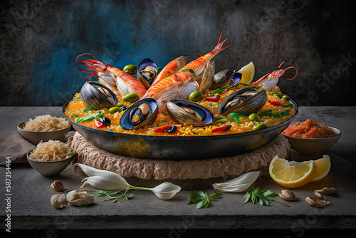 Classic dish of Spain, seafood paella in traditional pan with ingredients on rustic background - Generative AI