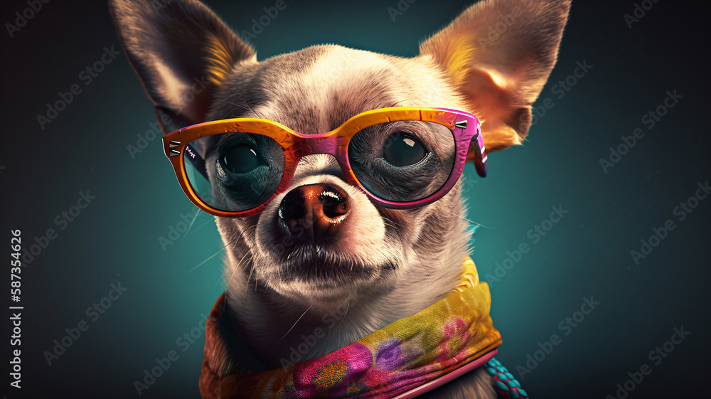 Close-up portrait of a stylish chihuahua wearing glasses in ultra ...