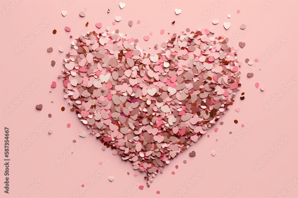 Pink heart shape made of confetti on the pink background. Generative AI Pink heart shape made of confetti on the pink background. Generative AI