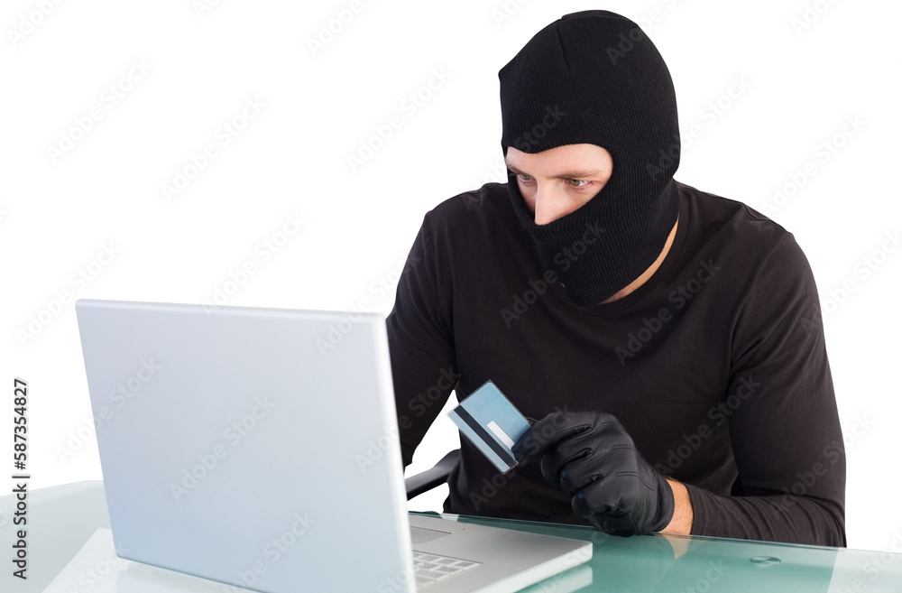 Burglar shopping online with laptop Burglar shopping online with laptop