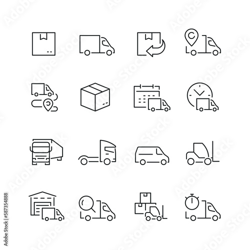 Vector line set of icons related with truck delivery. Contains monochrome icons like delivery, truck, box, transportation, forklift and more. Simple outline sign. © Mykola