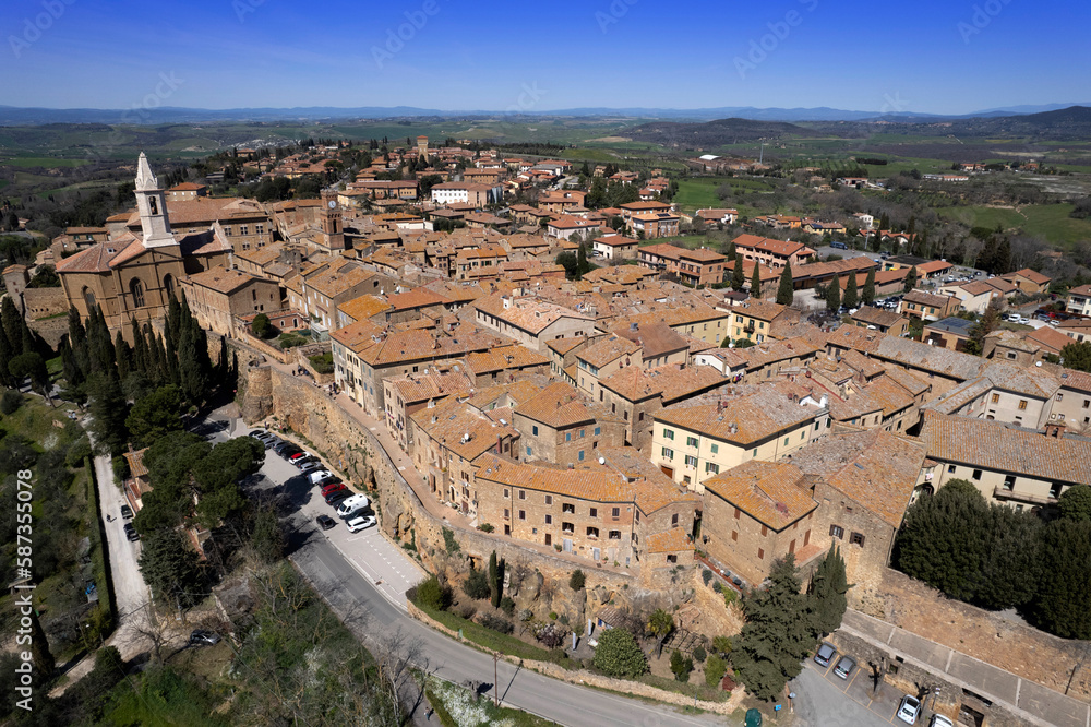 Aerial view of the medieval village of Pienza Siena