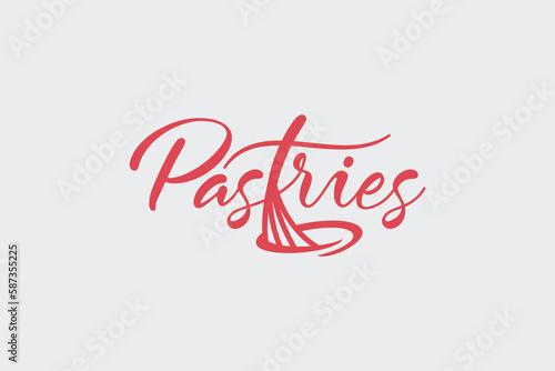 pastries logo with a combination of pastries lettering and the letter T shaped like a whisk