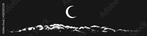 View to night sky with crescent moon and clouds