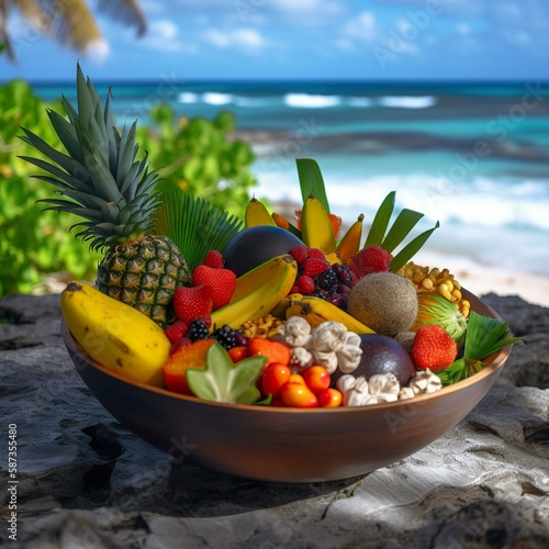 Eine Schüssel mit früchten auf einer tropischen Insel am Strand photo