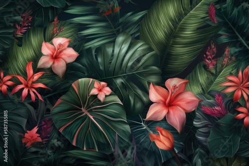 Tropical flowers and leaves. AI generative.