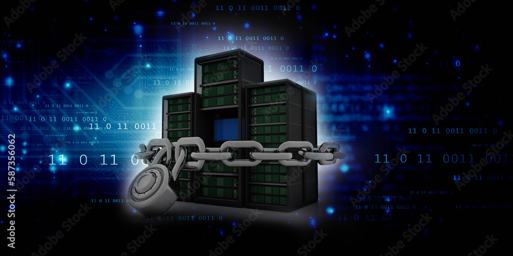 3d illustration Data center server protection lock 3d illustration Data center server protection lock