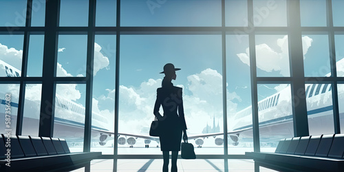 Businesswoman awaiting for flight in departure hall - Generative AI