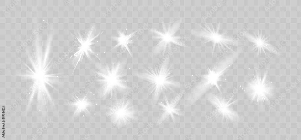 Glowing isolated white transparent set of light effects, glare, explosion, glitter, line, sun flare, spark and stars.Beautiful star. Glowing isolated white transparent set of light effects, glare, explosion, glitter, line, sun flare, spark and stars.Beautiful star.