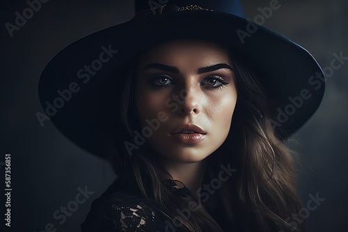 Digital illustration of a close-up portrait of a Young beautiful woman female face with natural perfect skin brown hair. Generative AI.